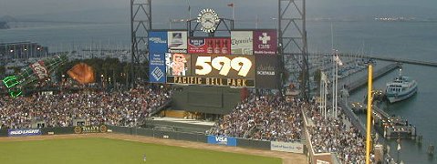 The scoreboard lights up as Barry Bonds hits his 599th home run