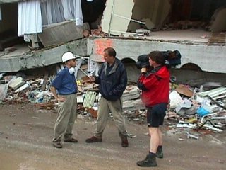 Andrew and an ITN News Crew amid the rubble of Adapazari